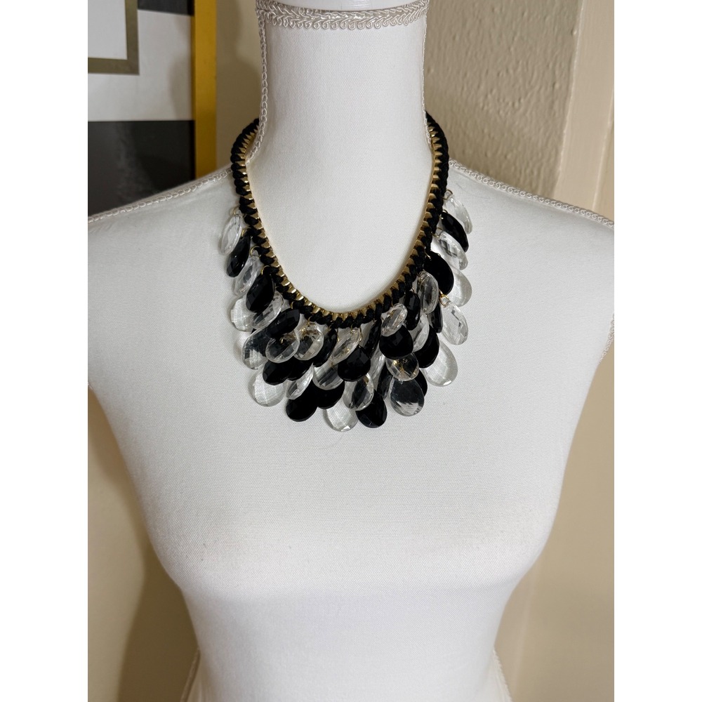 Statement Bib Necklace Black Clear Acrylic Teardrop Charms Gold Tone‎ Woven Cord